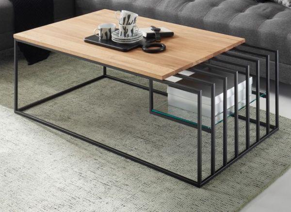 Couchtisch Juba in Eiche massiv gelt und Metallgestell schwarz Beistelltisch 120 x 60 cm