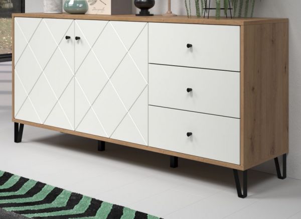 Sideboard Touch in wei matt mit Rautenoptik und Eiche Artisan Kommode 183 cm