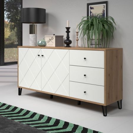 Sideboard Touch in wei matt mit Rautenoptik und Eiche Artisan Kommode 183 cm