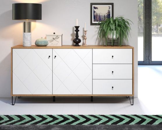 Sideboard Touch in wei matt mit Rautenoptik und Eiche Artisan Kommode 183 cm