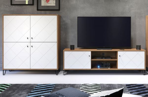 Wohnwand Touch in wei matt mit Rautenoptik und Eiche Artisan Schrankwand 2-teilig 320 x 136 cm