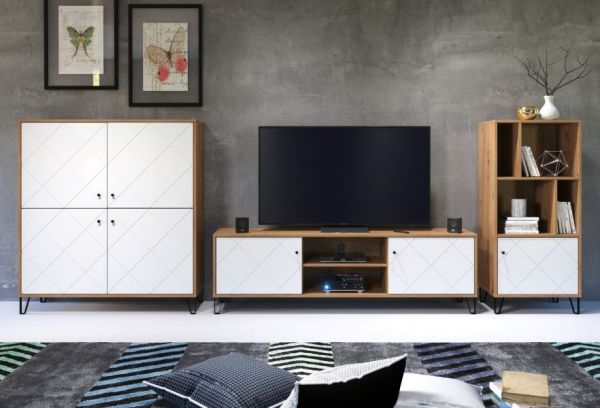 Wohnwand Touch in wei matt mit Rautenoptik und Eiche Artisan Schrankwand 2-teilig 320 x 136 cm