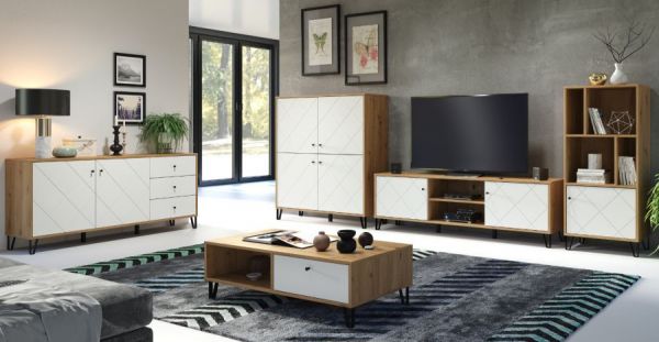 Wohnwand Touch in wei matt mit Rautenoptik und Eiche Artisan Schrankwand 2-teilig 320 x 136 cm