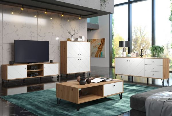 Wohnwand Touch in wei matt mit Rautenoptik und Eiche Artisan Schrankwand 2-teilig 320 x 136 cm