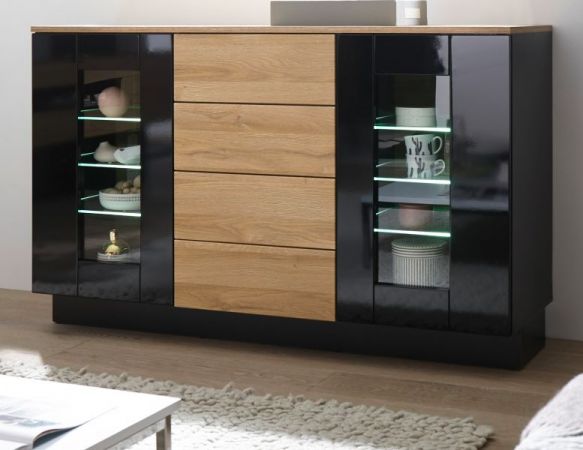 Sideboard Savanna in schwarz Hochglanz und Grandson Eiche Kommode 136 x 85 cm