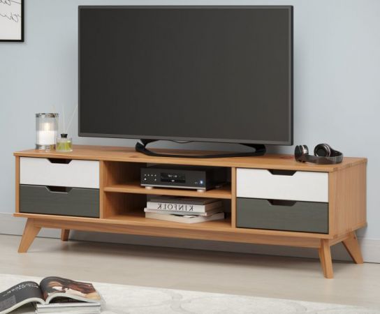 TV-Lowboard Scandik in Massivholz Kiefer honigfarben lackiert mit wei und grau TV Unterteil 140 x 42 cm