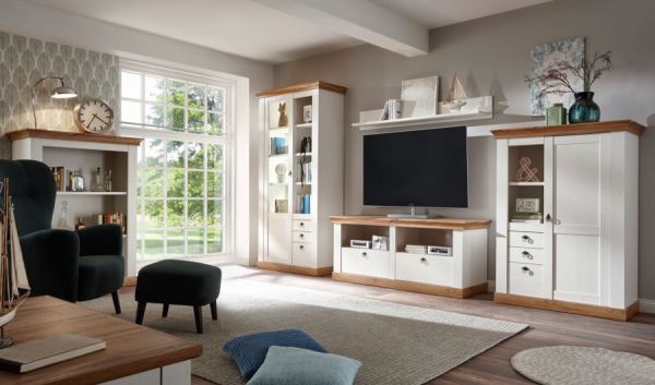 Vitrine Hemsby in wei Pinie und Eiche Wotan Landhaus Vitrinenschrank 102 x 204 cm
