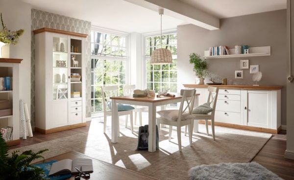 Vitrine Hemsby in wei Pinie und Eiche Wotan Landhaus Vitrinenschrank 102 x 204 cm