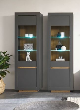 Vitrine Rooky in anthrazit und Wotan Eiche Wohnzimmer Esszimmer Vitrinenschrank 64 x 206 cm