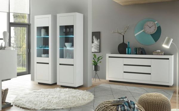 Vitrine Rooky in wei und anthrazit Wohnzimmer Esszimmer Highboard 96 x 136 cm