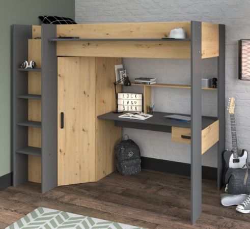 Parisot Hochbett Heavy in Artisan Eiche und schwarz Jugendzimmer Bett mit Schreibtisch und Kleiderschrank