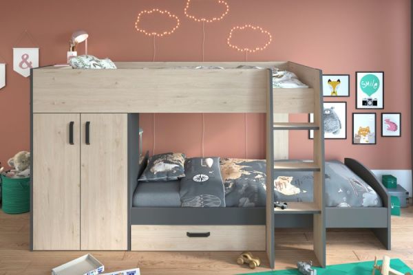 Parisot Etagenbett Stim2 in Jackson Eiche und grau Kinder und Jugendzimmer Hochbett 280 x 142 cm