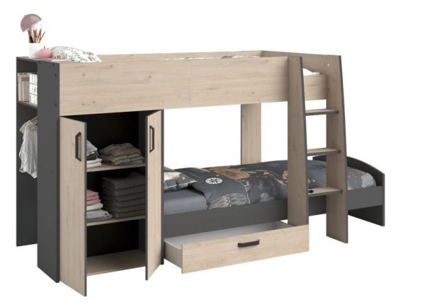 Parisot Etagenbett Stim2 in Jackson Eiche und grau Kinder und Jugendzimmer Hochbett 280 x 142 cm