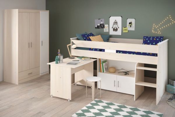 Parisot Kinder- und Jugendzimmer Charly6 in Akazie und wei Set inklusive Kleiderschrank und Hochbett mit Schreibtisch