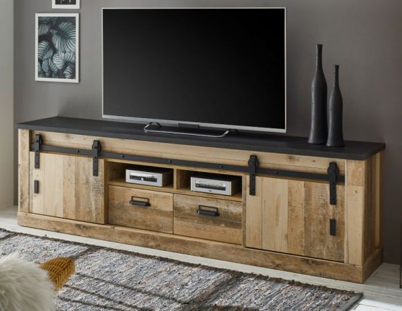 TV-Lowboard Stove in Used Wood hell und anthrazit TV Unterteil in Komforthhe 201 x 61 cm