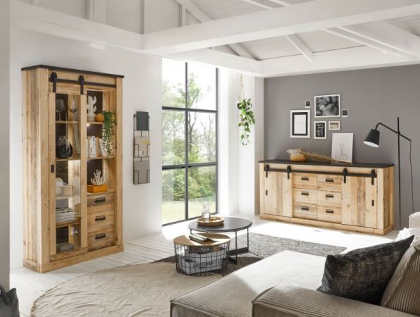 Wohn- und Esszimmer Set Stove in Used Wood hell und anthrazit Wohnkombination 2-teilig mit Vitrine und Sideboard