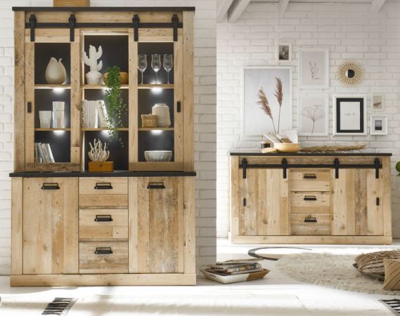 Wohn- und Esszimmer Set Stove in Used Wood hell und anthrazit Wohnkombination 2-teilig mit Buffetschrank und Sideboard