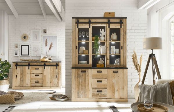 Wohn- und Esszimmer Set Stove in Used Wood hell und anthrazit Wohnkombination 2-teilig mit Buffetschrank und Sideboard