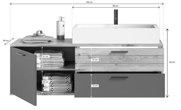 Waschtisch Set Mason in Nox Eiche und Basalt grau Waschbeckenunterschrank hngend MIT Waschbecken 140 cm