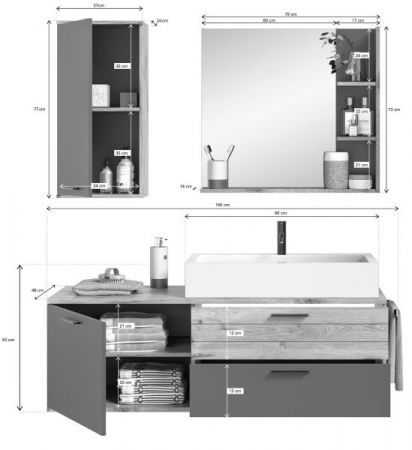 Badmbel Set 4-teilig Mason in Nox Eiche und Basalt grau Badkombination hngend MIT Waschbecken 140 cm