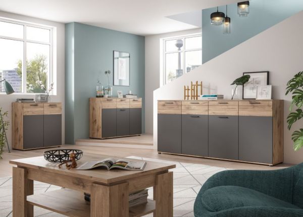 Sideboard Mason in Nox Eiche und Basalt grau Wohn- und Esszimmer Kommode 180 x 87 cm