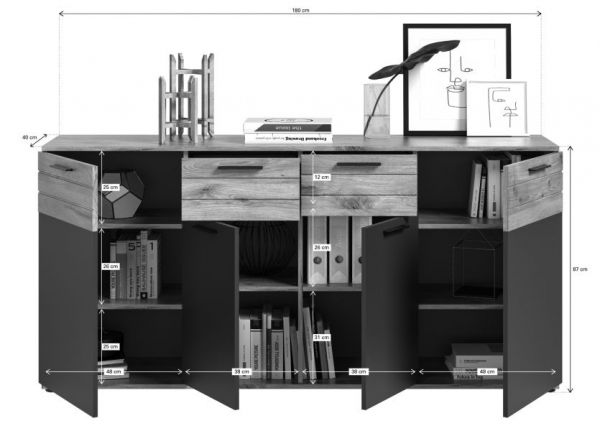 Sideboard Mason in Nox Eiche und Basalt grau Wohn- und Esszimmer Kommode 180 x 87 cm