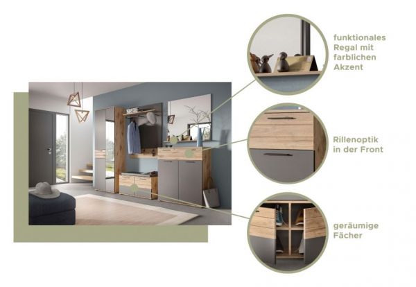 Garderobe Sitzbank Tomaso in Nox Eiche und Basalt grau Garderobenbank 90 x 51 cm