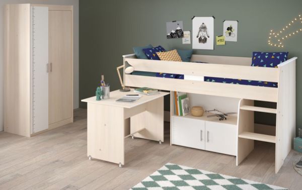 Parisot Kinder- und Jugendzimmer Charly5 in Akazie und wei Set inklusive Kleiderschrank und Hochbett mit Schreibtisch