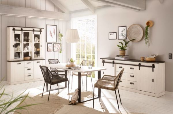 Sideboard Stove in wei Pinie und anthrazit Landhaus Kommode 201 x 91 cm