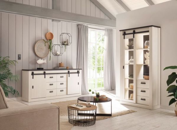 Sideboard Stove in wei Pinie und anthrazit Landhaus Kommode 201 x 91 cm