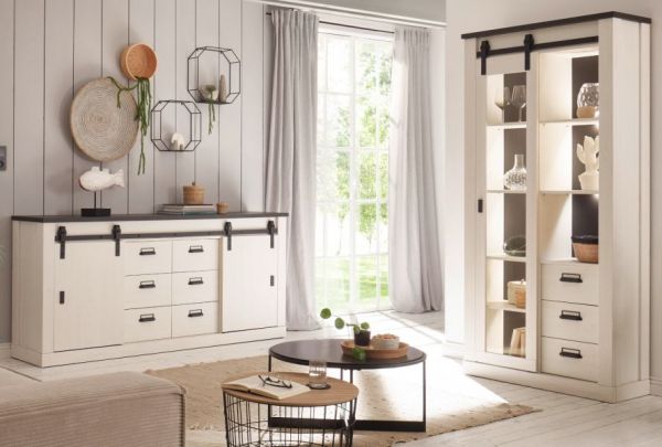 Wohn- und Esszimmer Set Stove in wei Pinie und anthrazit Landhaus Wohnkombination 2-teilig mit Vitrine und Sideboard