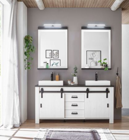 Badmbel Set Stove in wei Pinie und anthrazit Landhaus Doppelwaschtisch MIT Waschbecken und LED Spiegellampe