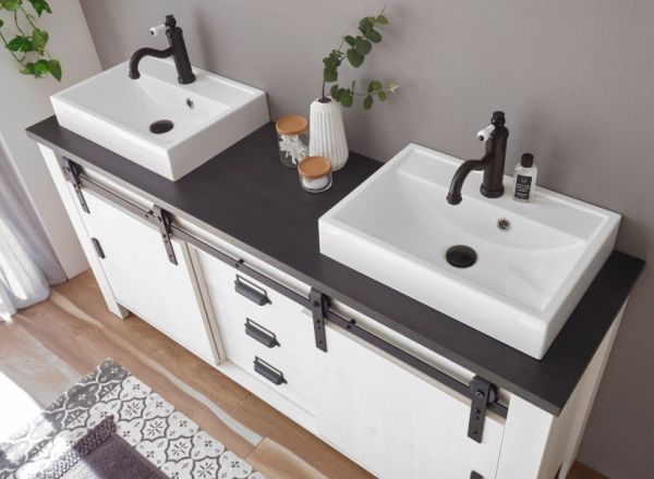 Badmbel Set Stove in wei Pinie und anthrazit Landhaus Doppelwaschtisch MIT Waschbecken und LED Spiegellampe