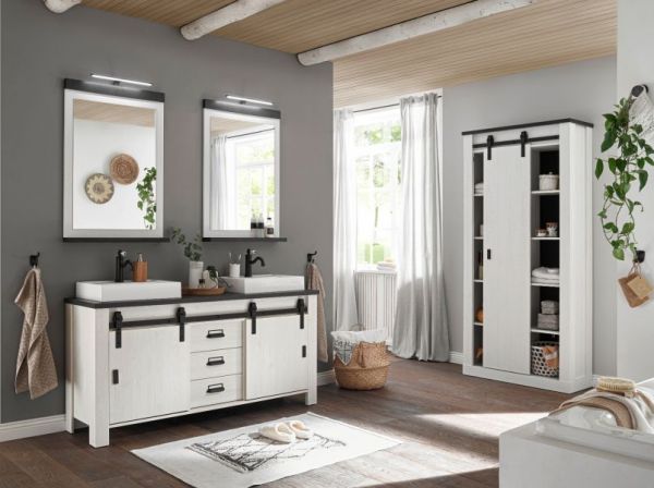 Badmbel Set Stove in wei Pinie und anthrazit Landhaus Doppelwaschtisch MIT Waschbecken und LED Spiegellampe