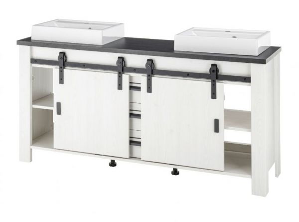 Badmbel Set Stove in wei Pinie und anthrazit Landhaus Doppelwaschtisch MIT Waschbecken und LED Spiegellampe