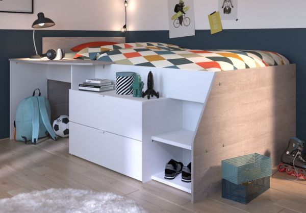 Parisot Hochbett Milky1 in wei und grau Loft Kinder- und Jugendzimmer Bett mit Stauraum