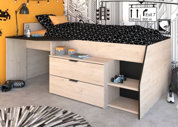 Parisot Hochbett Milky2 in Eiche Jackson und schwarz Kinder- und Jugendzimmer Bett mit Stauraum