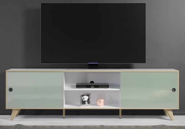 TV-Lowboard Adelaide in wei und grn Hochglanz Lack TV Unterteil aus Italien in Komforthhe 216 x 63 cm