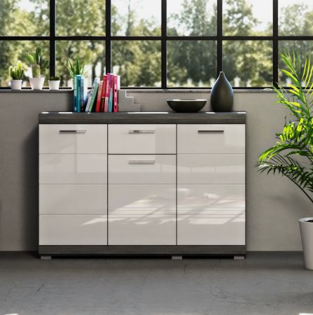 Sideboard Scout in wei Hochglanz und Rauchsilber grau Kommode 120 x 85 cm