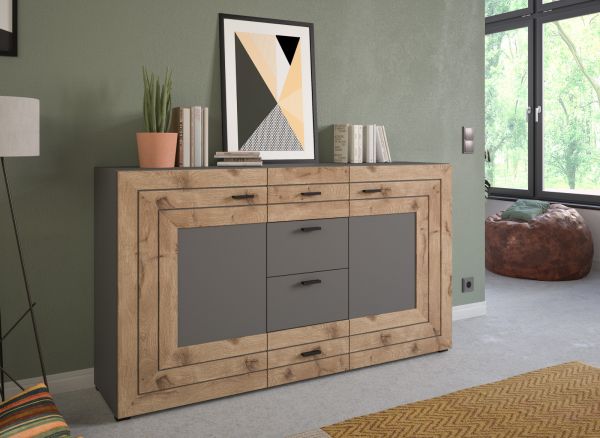 Sideboard Freno in Nox Eiche und Basalt grau matt Wohn- und Esszimmer Kommode 160 x 90 cm