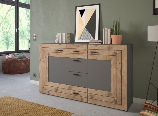 Sideboard Freno in Nox Eiche und Basalt grau matt Wohn- und Esszimmer Kommode 160 x 90 cm