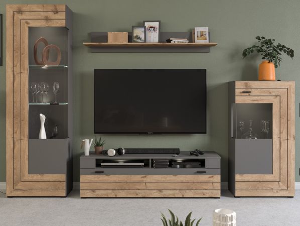 Wohnwand Freno in Nox Eiche und Basalt grau matt Wohnkombination 4-teilig mit LED Beleuchtung 290 x 194 cm