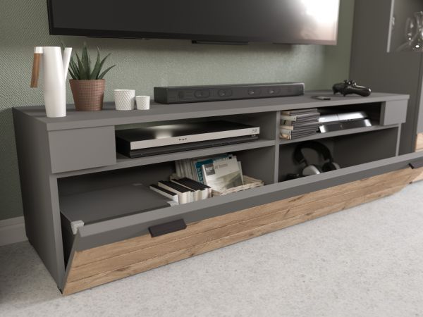 Wohnwand Freno in Nox Eiche und Basalt grau matt Wohnkombination 4-teilig mit LED Beleuchtung 290 x 194 cm