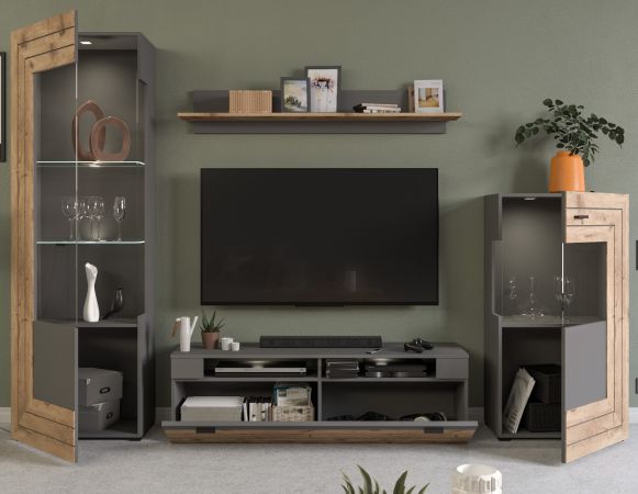 Wohnwand Freno in Nox Eiche und Basalt grau matt Wohnkombination 4-teilig mit LED Beleuchtung 290 x 194 cm