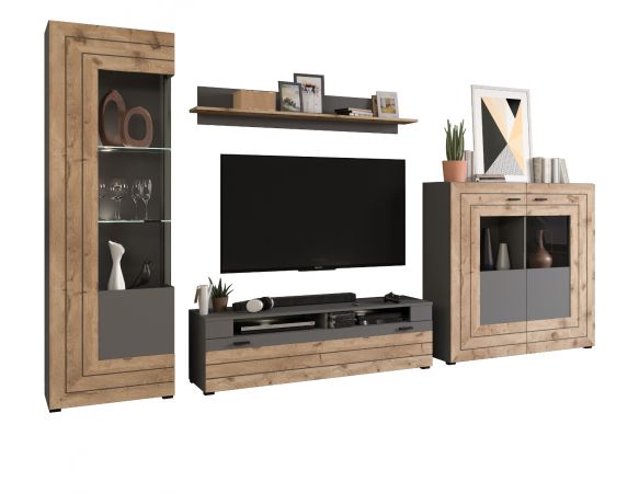 Wohnwand Freno in Nox Eiche und Basalt grau matt Wohnkombination 4-teilig mit LED Beleuchtung 350 x 194 cm