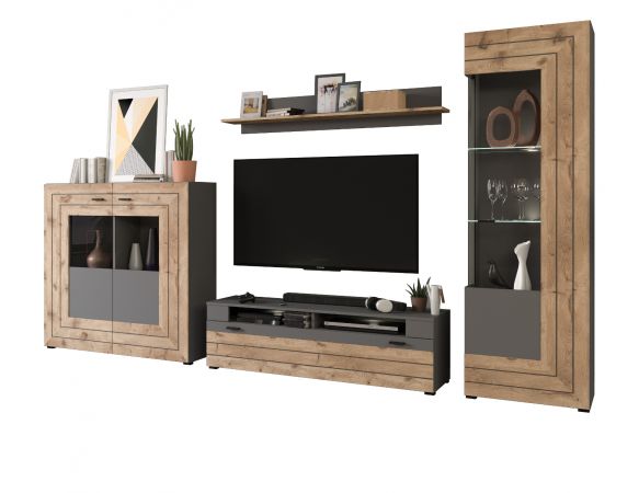 Wohnwand Freno in Nox Eiche und Basalt grau matt Wohnkombination 4-teilig mit LED Beleuchtung 350 x 194 cm