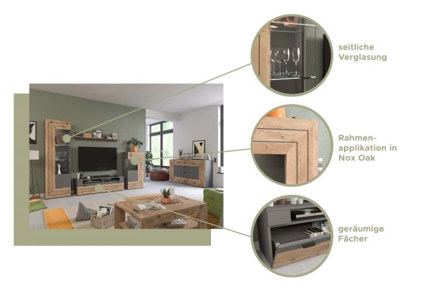 Wohnwand Freno in Nox Eiche und Basalt grau matt Wohnkombination 4-teilig mit LED Beleuchtung 350 x 194 cm