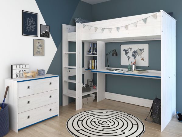 Parisot Kinder- und Jugendzimmer Smoozy29 in wei Kiefer mit blau oder pink Komplett-Set 2-teilig mit Hochbett und Kommode