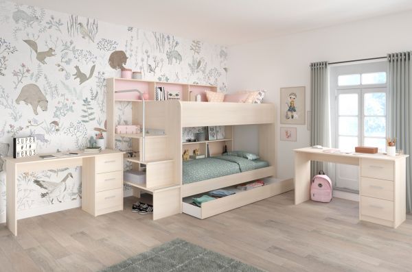 Parisot Kinder- und Jugendzimmer Bibop73 in Akazie Komplett-Set 4-teilig mit Etagenbett und 2 x Schreibtisch