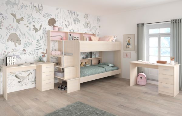 Parisot Kinder- und Jugendzimmer Bibop74 in Akazie Komplett-Set 3-teilig mit Etagenbett und 2 x Schreibtisch